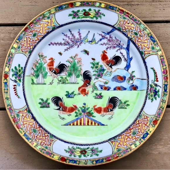 Vintage Chinese Antique Gold Trim Ornate Hand Painted 5 Rooster Decorative Plate - Picture 5 of 10